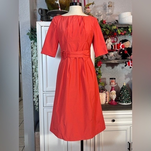 Small Coral Orange Modest Belted High Neck Dress Short sleeve - Picture 11 of 11